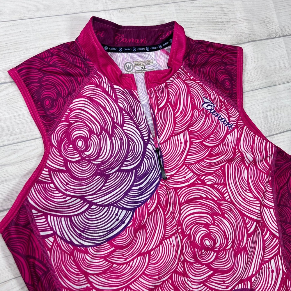 Canari Cycling Jersey Womens XL Pink Purple Swirl Floral Sleeveless Full Zip - Picture 9 of 10